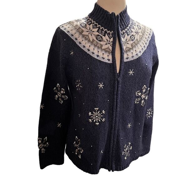 VTG Cardigan Blue&White Snowflakes Beads/Sequins size S - Picture 5 of 11